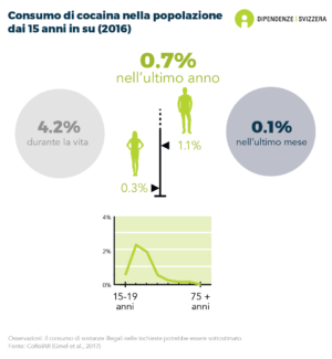 Il 4.2% delle persone di 15 anni e più ha già fatto uso di cocaina nella propria vita, lo 0.7% nell'ultimo anno e lo 0.1% nell'ultimo mese. Il consumo di cocaina dell'anno scorso è il più comune tra i 20-34 anni. È più comune tra gli uomini (1.1%) che tra le donne (0.3%) (dati del 2016).